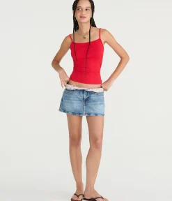 Cherry Waistband Low-Rise Denim Mini Skirt