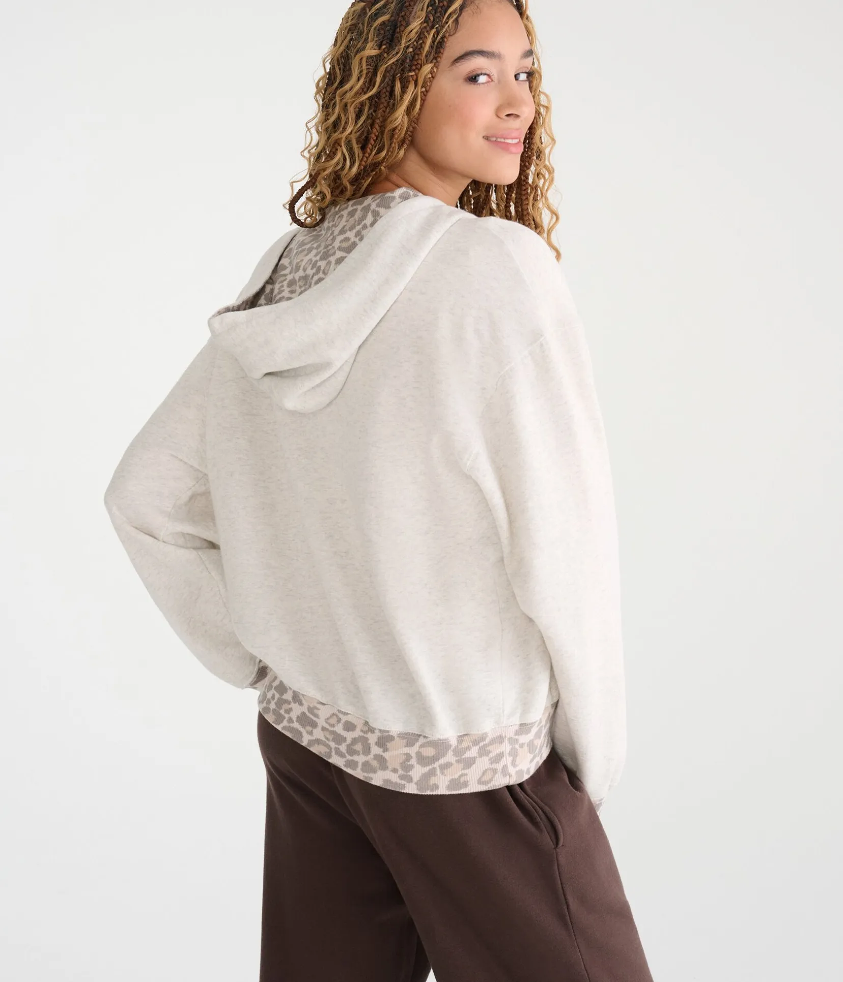 Cloud Soft Leopard-Trim Oversized Full-Zip Hoodie