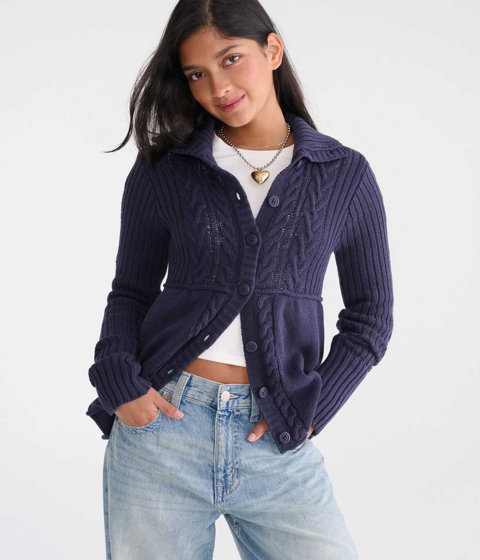 Déjà For Aero Cable Button-Front Mock-Neck Sweater