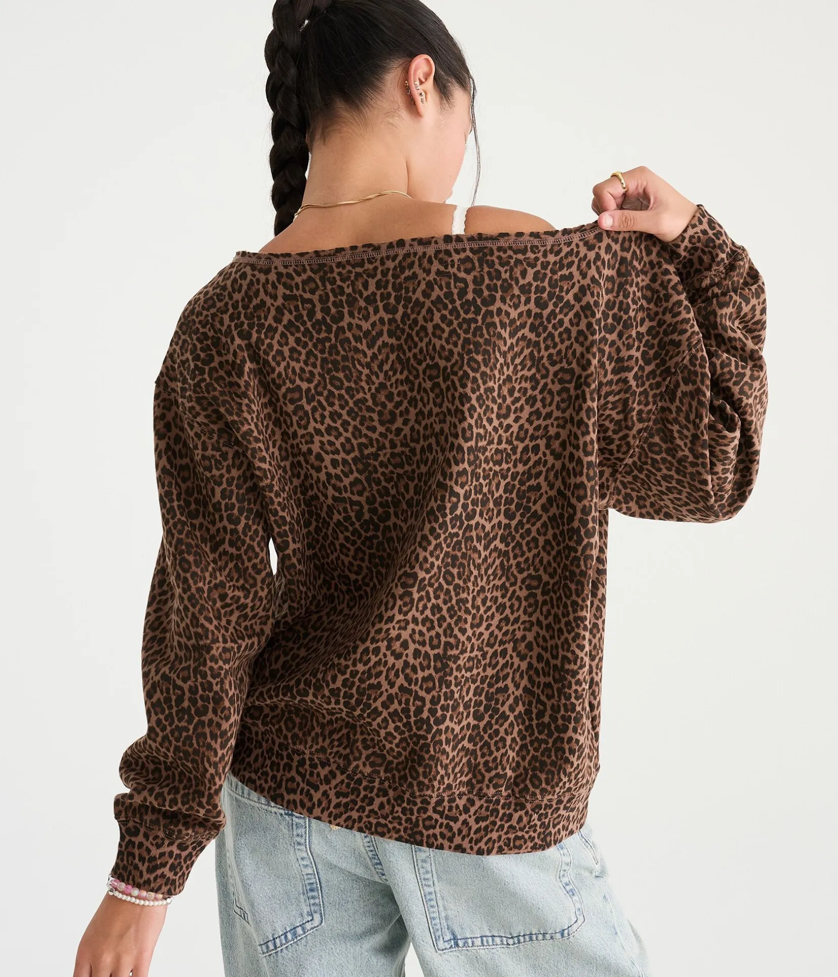 Déjà For Aero Leopard Print 87 Oversized Off-The-Shoulder Sweatshirt