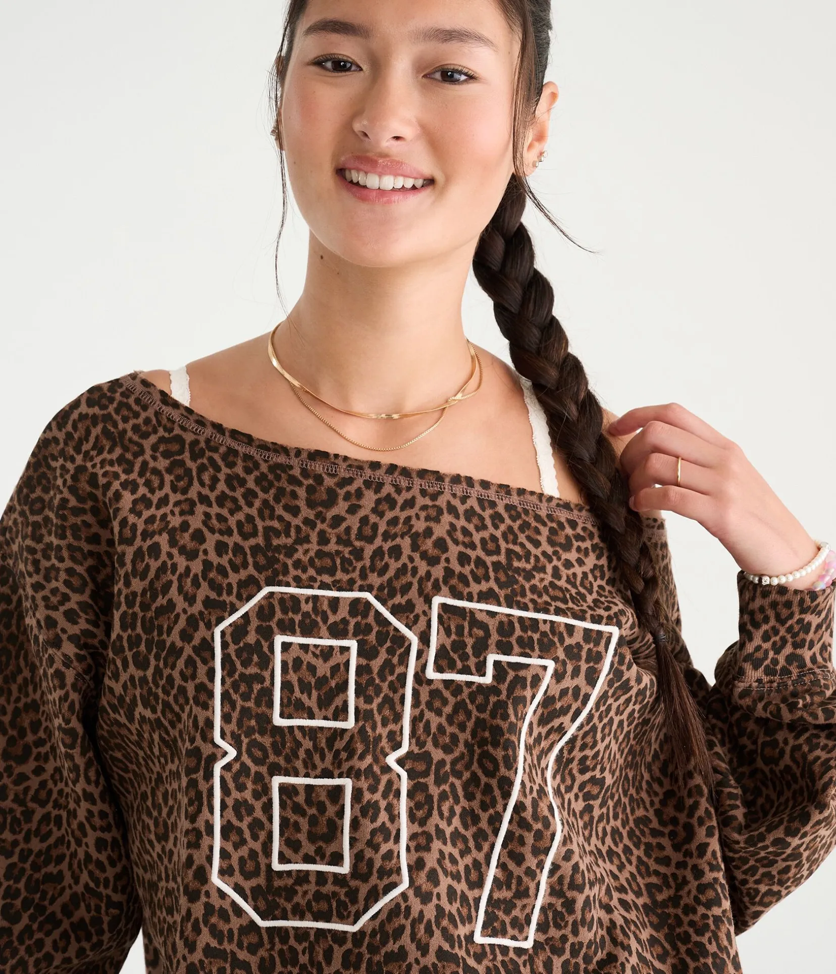 Déjà For Aero Leopard Print 87 Oversized Off-The-Shoulder Sweatshirt