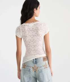 Déjà For Aero Short Sleeve Floral Lace V-Neck Top