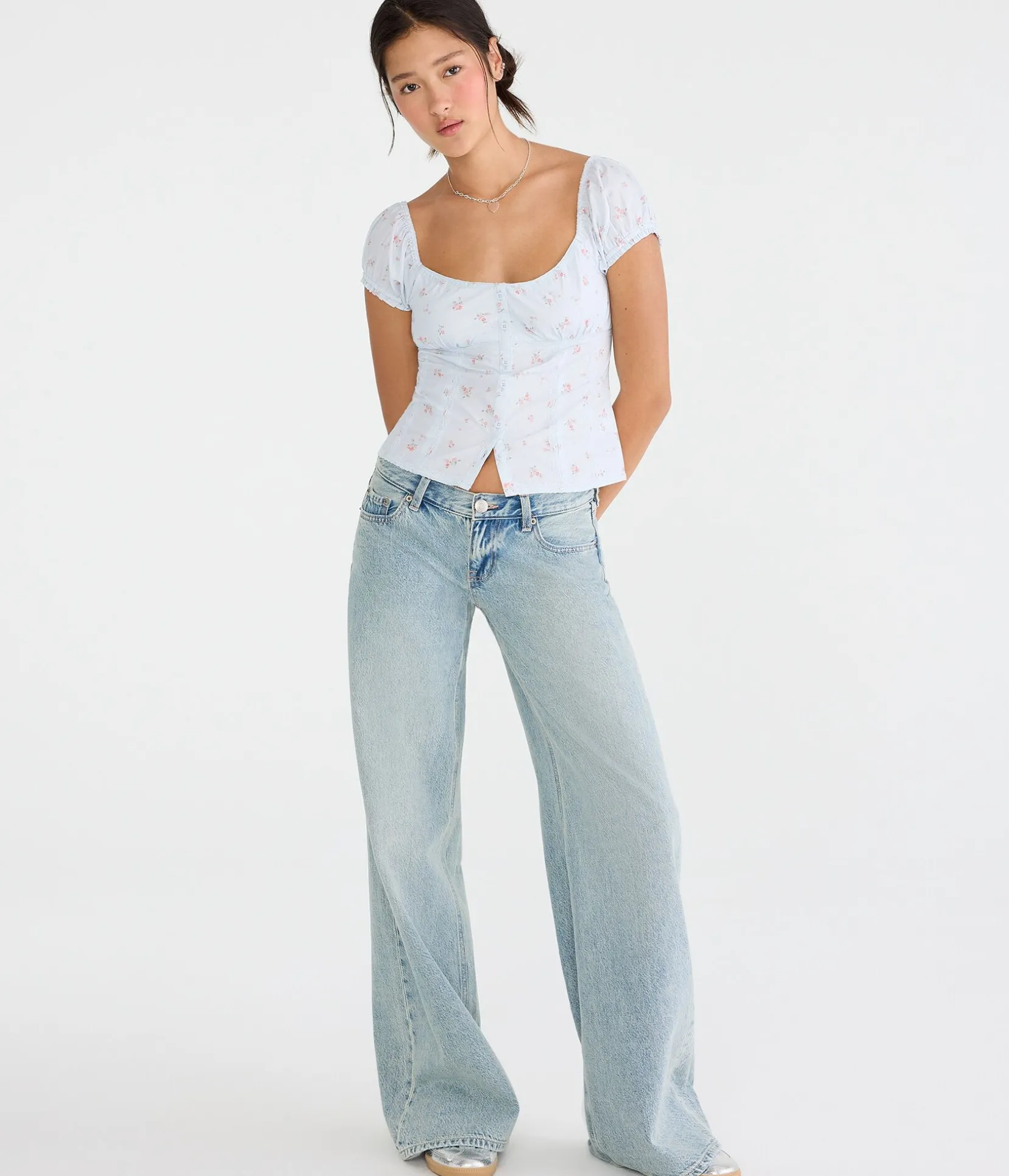 Floral Button-Front Scoop-Neck Blouse