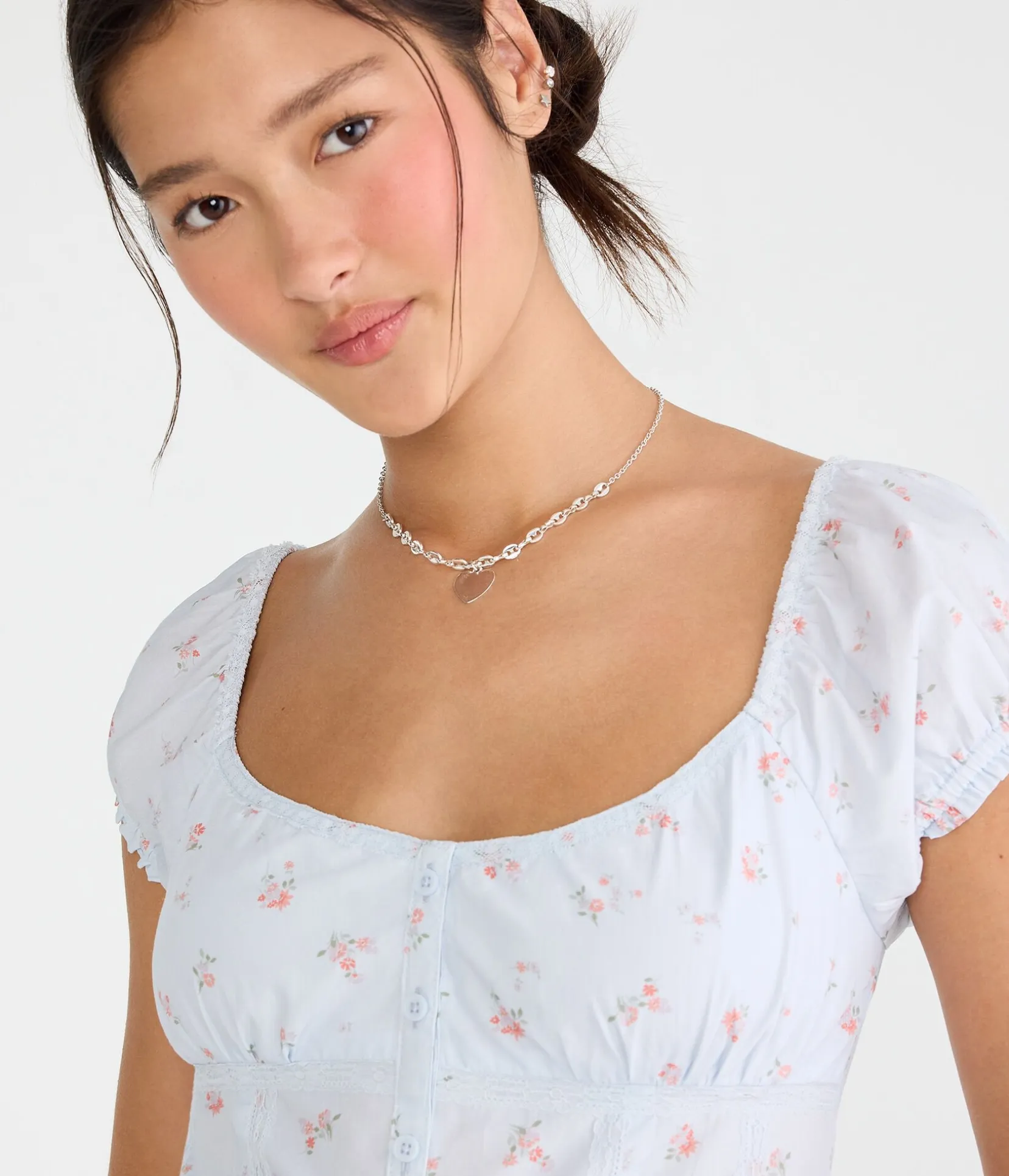 Floral Button-Front Scoop-Neck Blouse