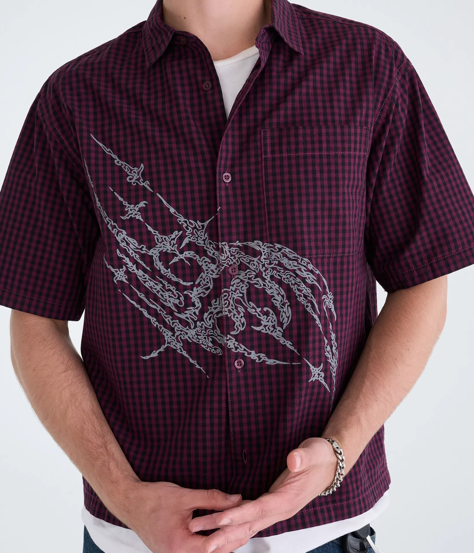 Graphic Microplaid Boxy Shirt