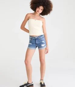High-Rise Denim Midi Shorts