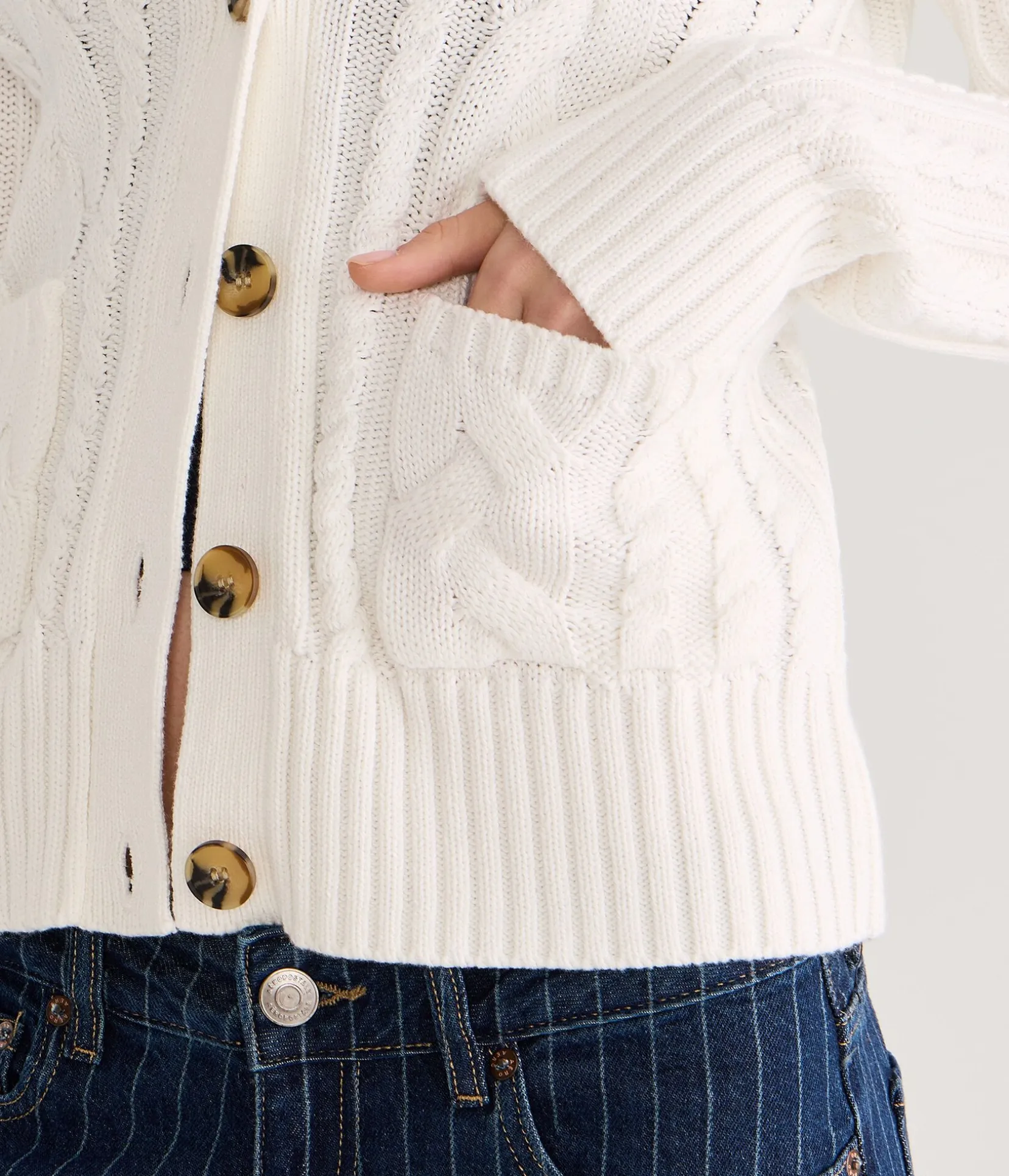 Hooded Button-Front Cable Cardigan
