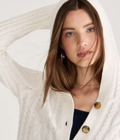 Hooded Button-Front Cable Cardigan