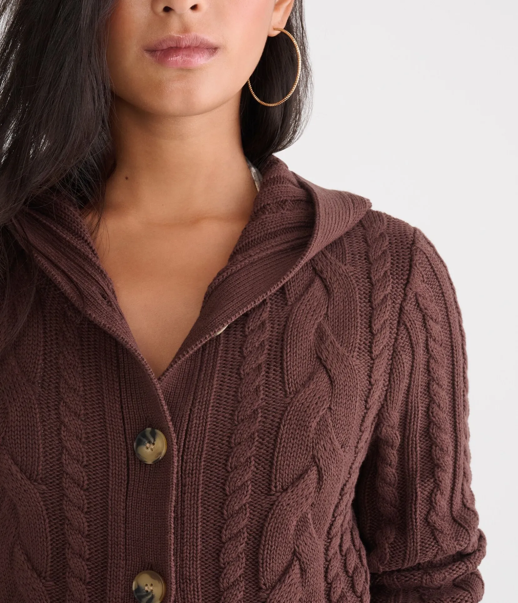 Hooded Button-Front Cable Cardigan