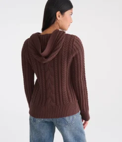 Hooded Button-Front Cable Cardigan