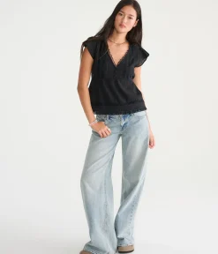Lace & Pintuck V-Neck Tie-Back Blouse