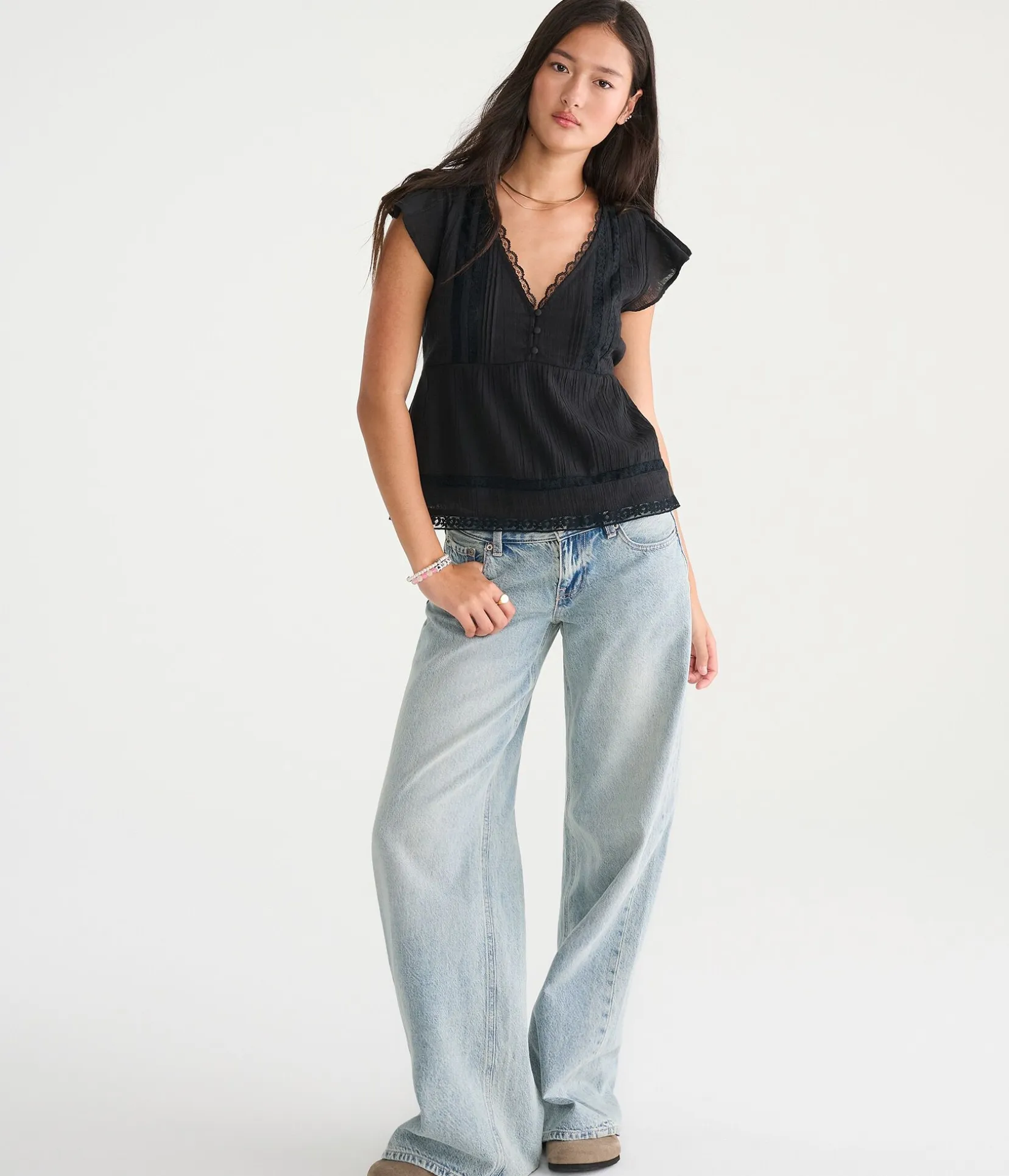 Lace & Pintuck V-Neck Tie-Back Blouse