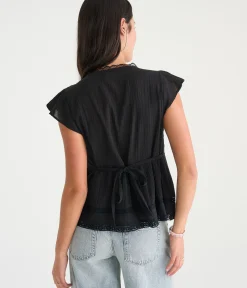 Lace & Pintuck V-Neck Tie-Back Blouse
