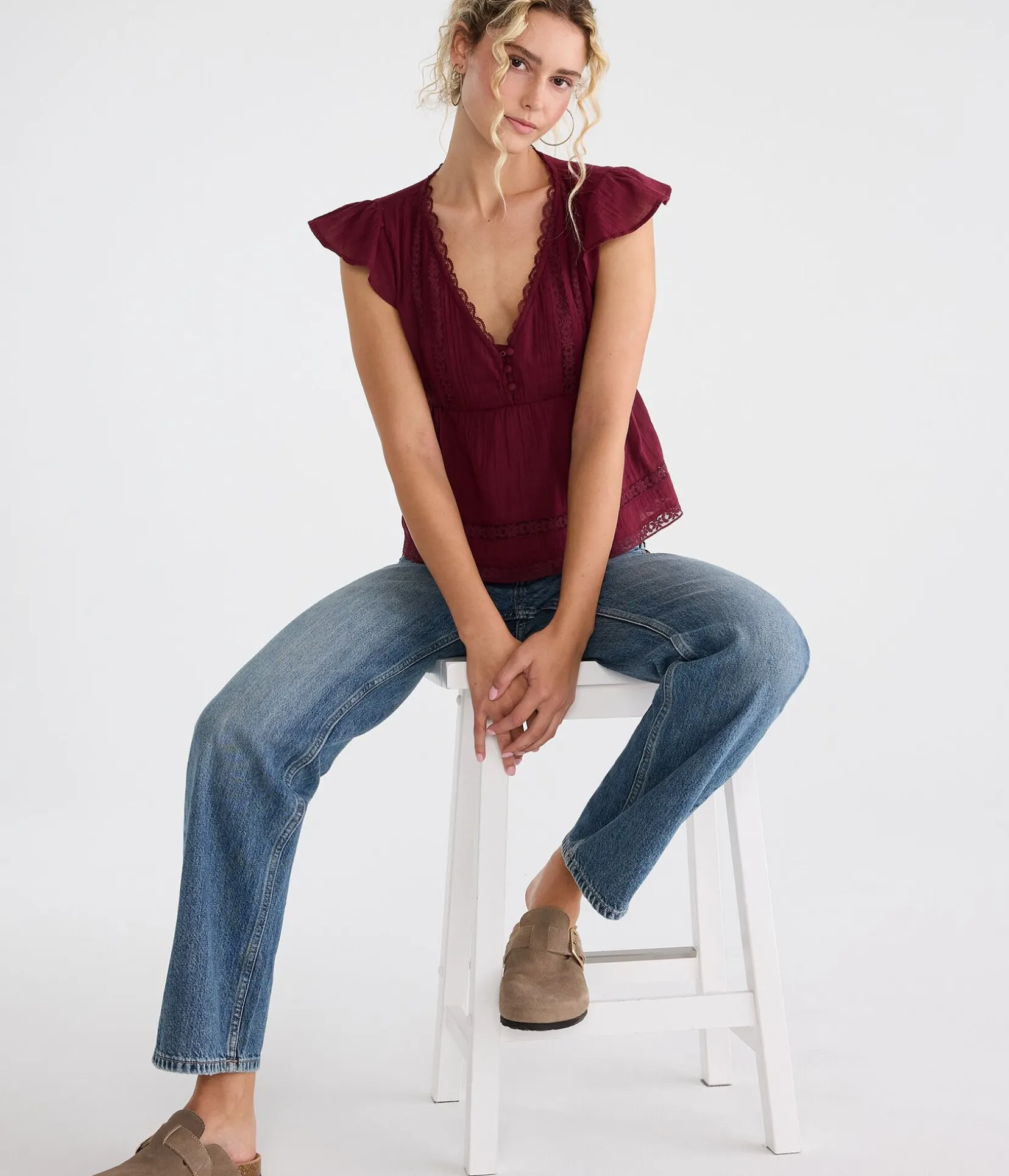 Lace & Pintuck V-Neck Tie-Back Blouse