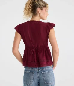 Lace & Pintuck V-Neck Tie-Back Blouse