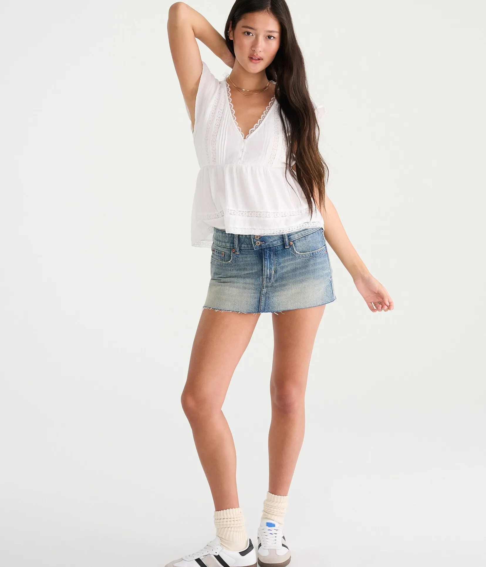 Lace & Pintuck V-Neck Tie-Back Blouse
