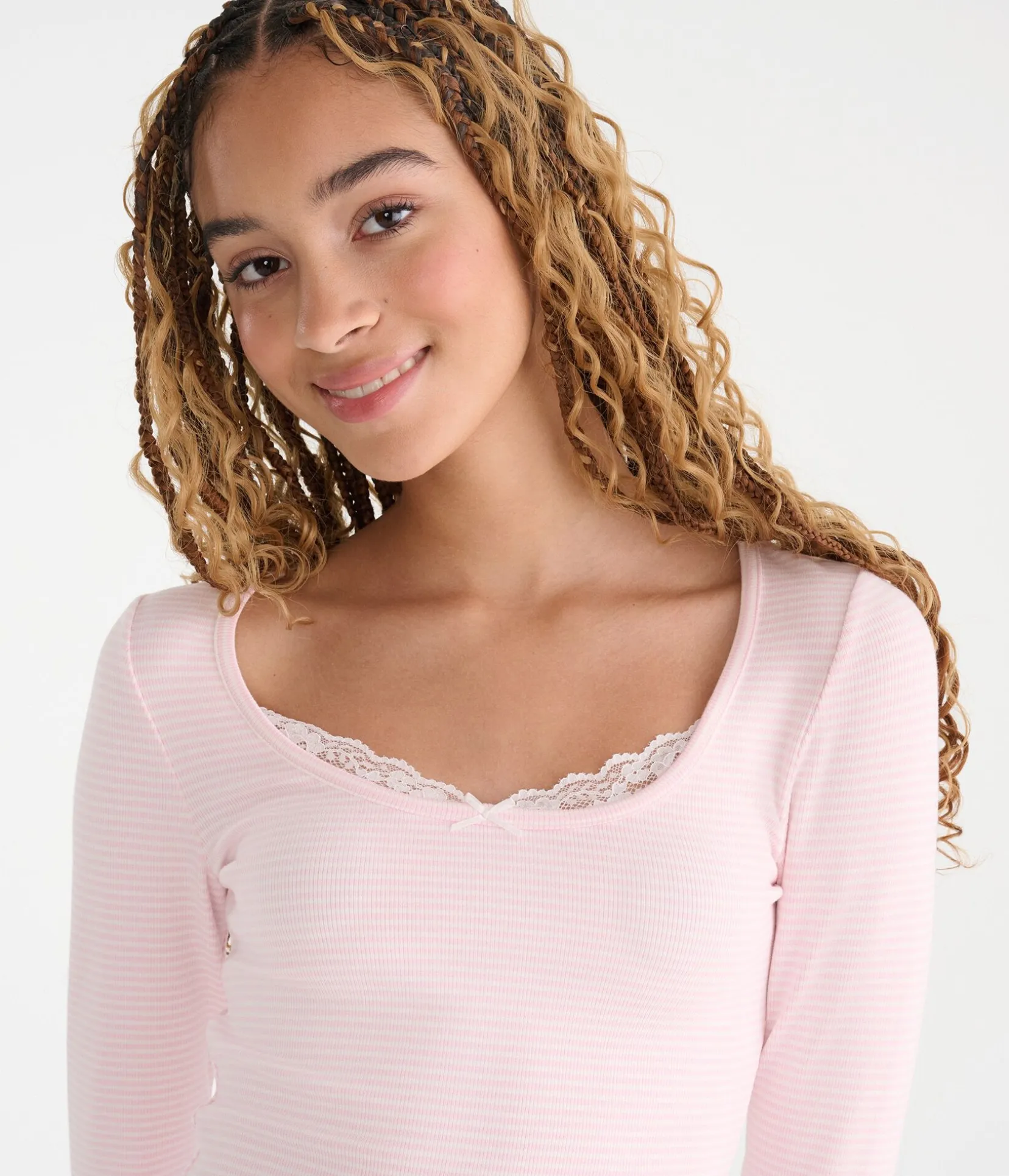 Long Sleeve Lace-Trim Cropped Sleep Tee