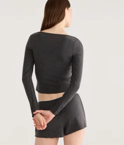 Long Sleeve Lace-Trim Cropped Sleep Tee