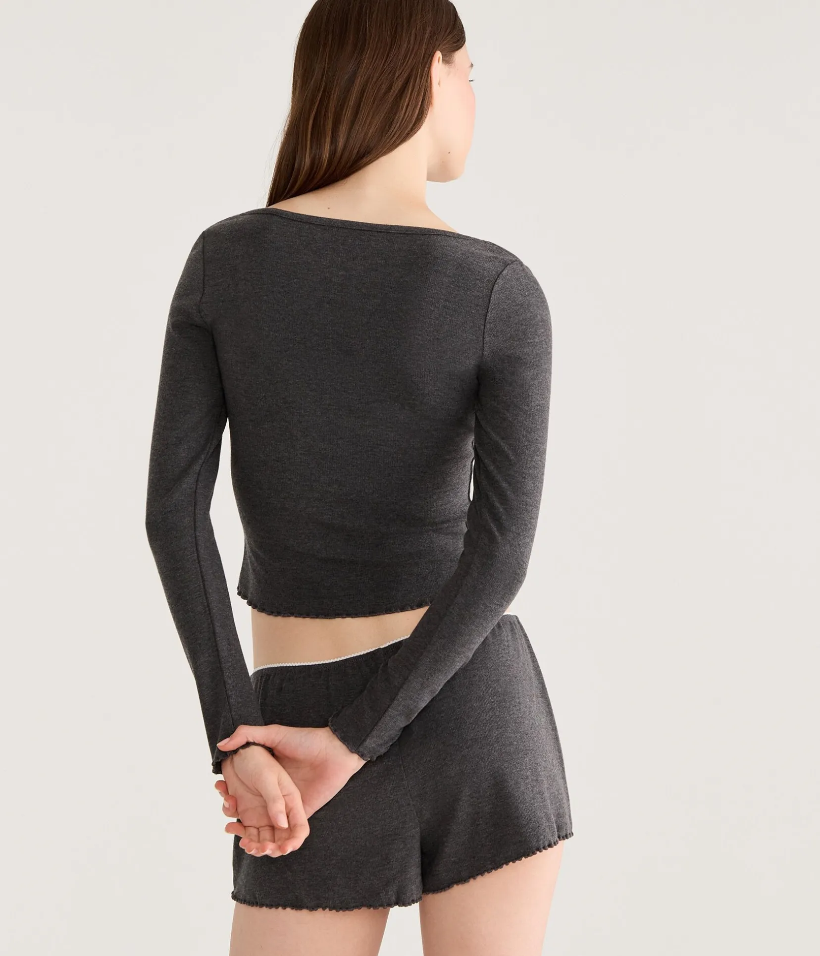 Long Sleeve Lace-Trim Cropped Sleep Tee