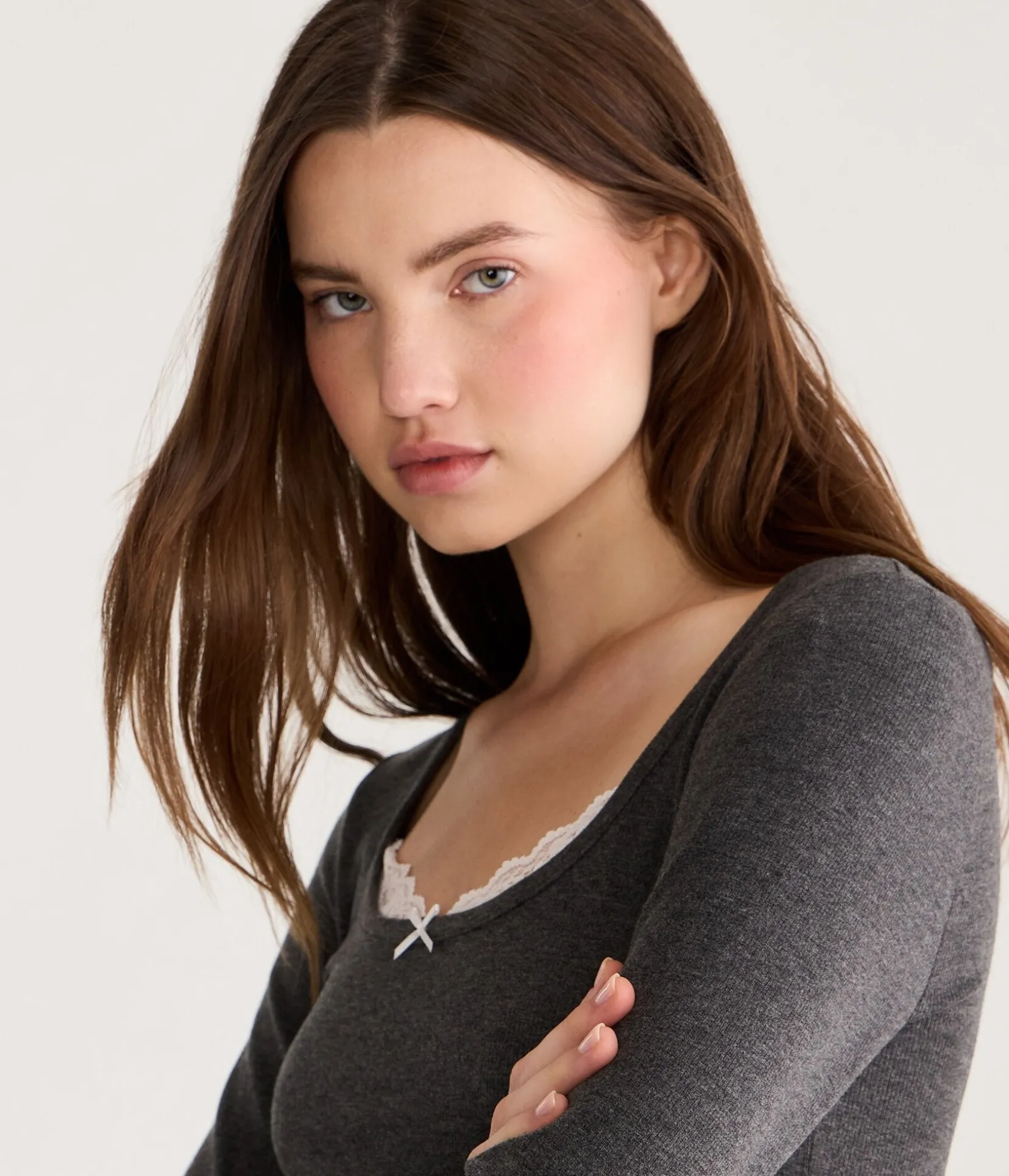 Long Sleeve Lace-Trim Cropped Sleep Tee
