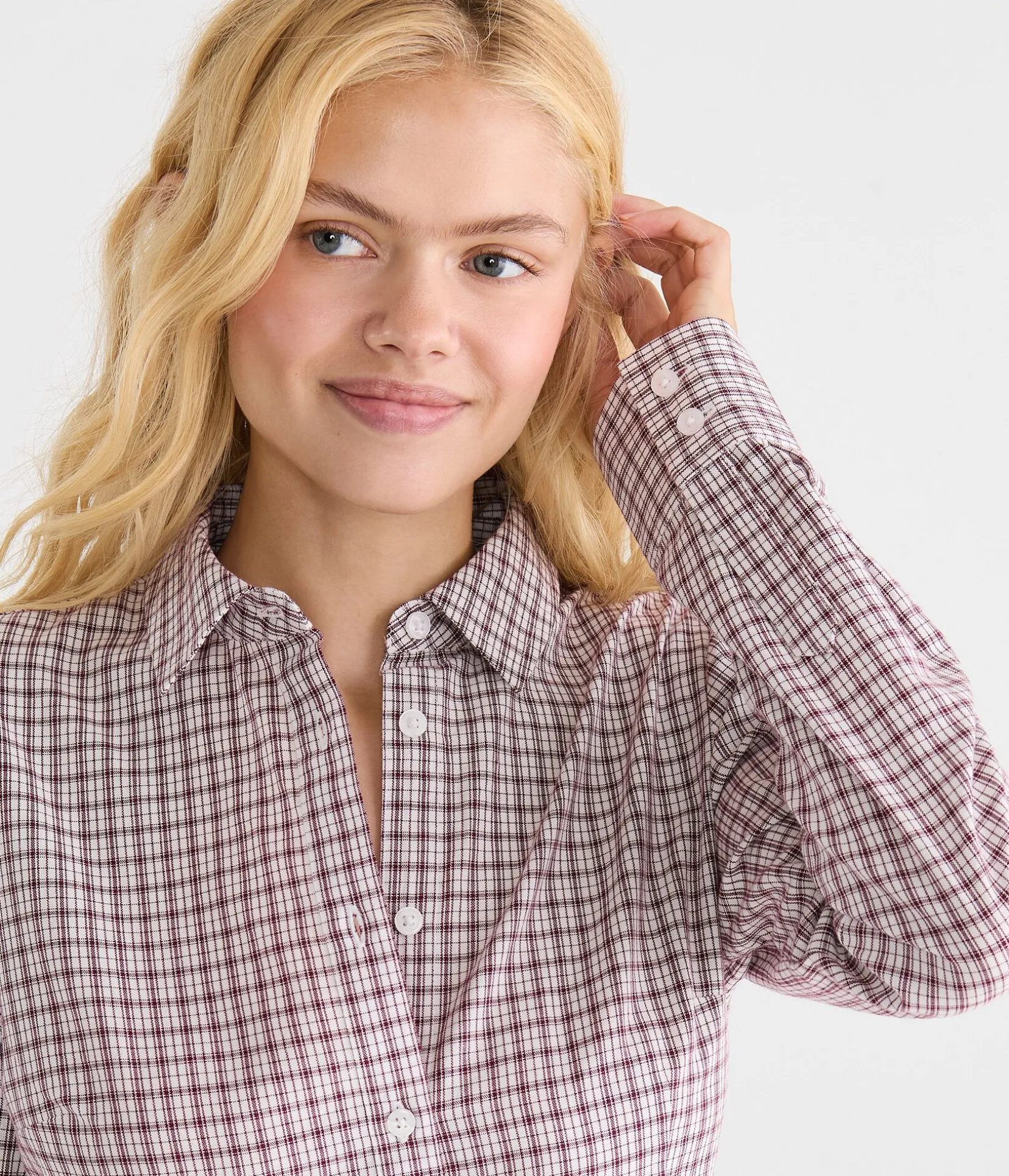 Long Sleeve Plaid Tie-Back Fitted Shirt