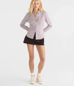 Long Sleeve Plaid Tie-Back Fitted Shirt