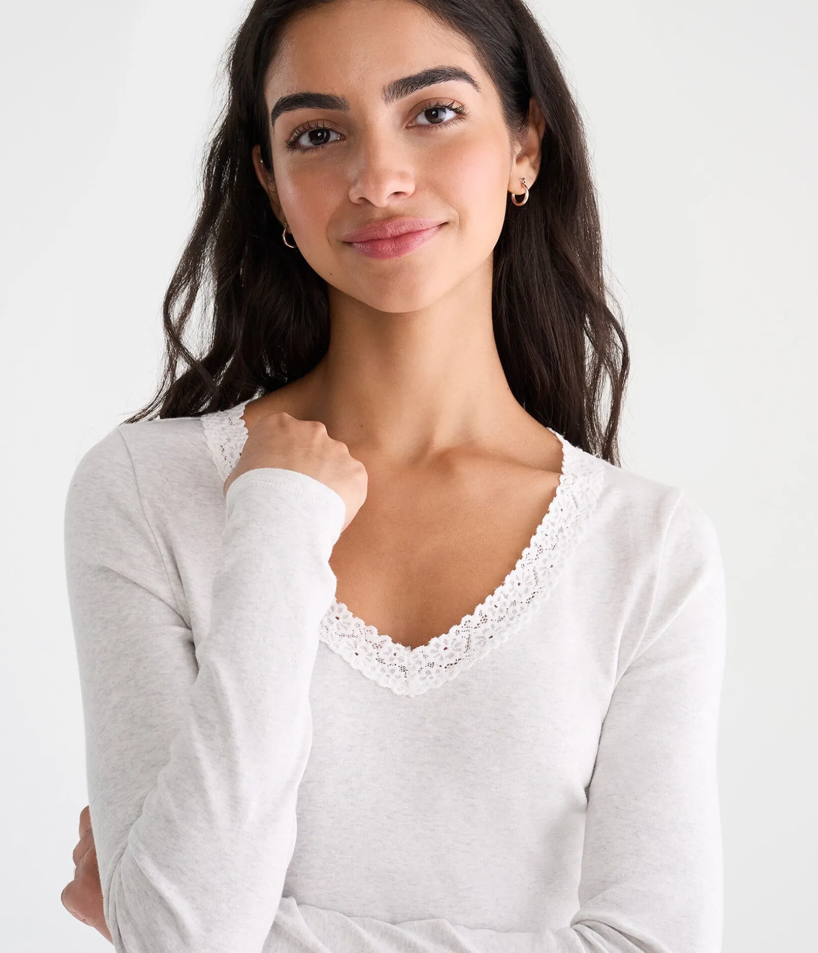 Long Sleeve Seriously Soft Lace-Trim V-Neck Tee