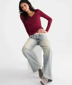 Long Sleeve Seriously Soft Lace-Trim V-Neck Tee