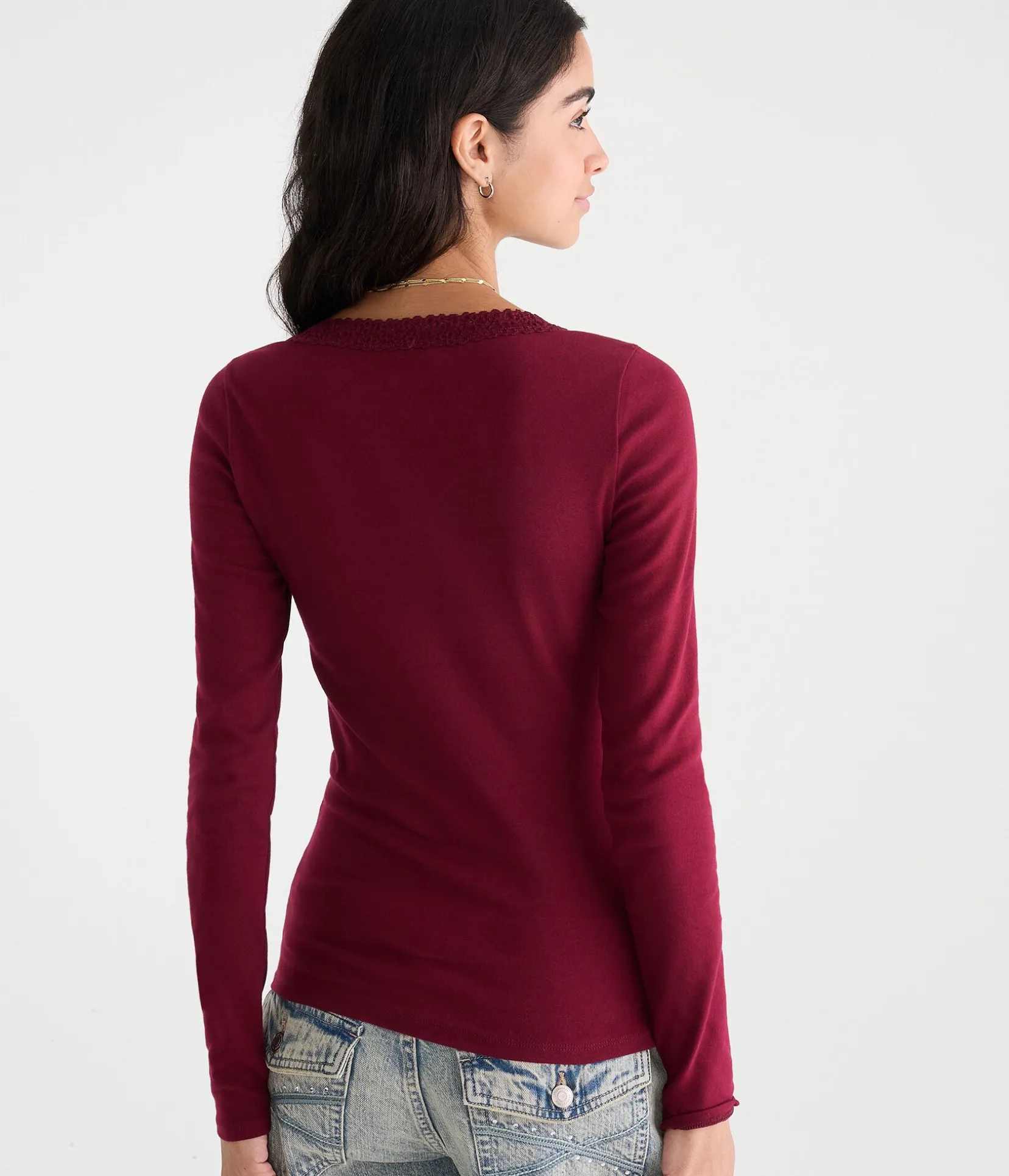 Long Sleeve Seriously Soft Lace-Trim V-Neck Tee