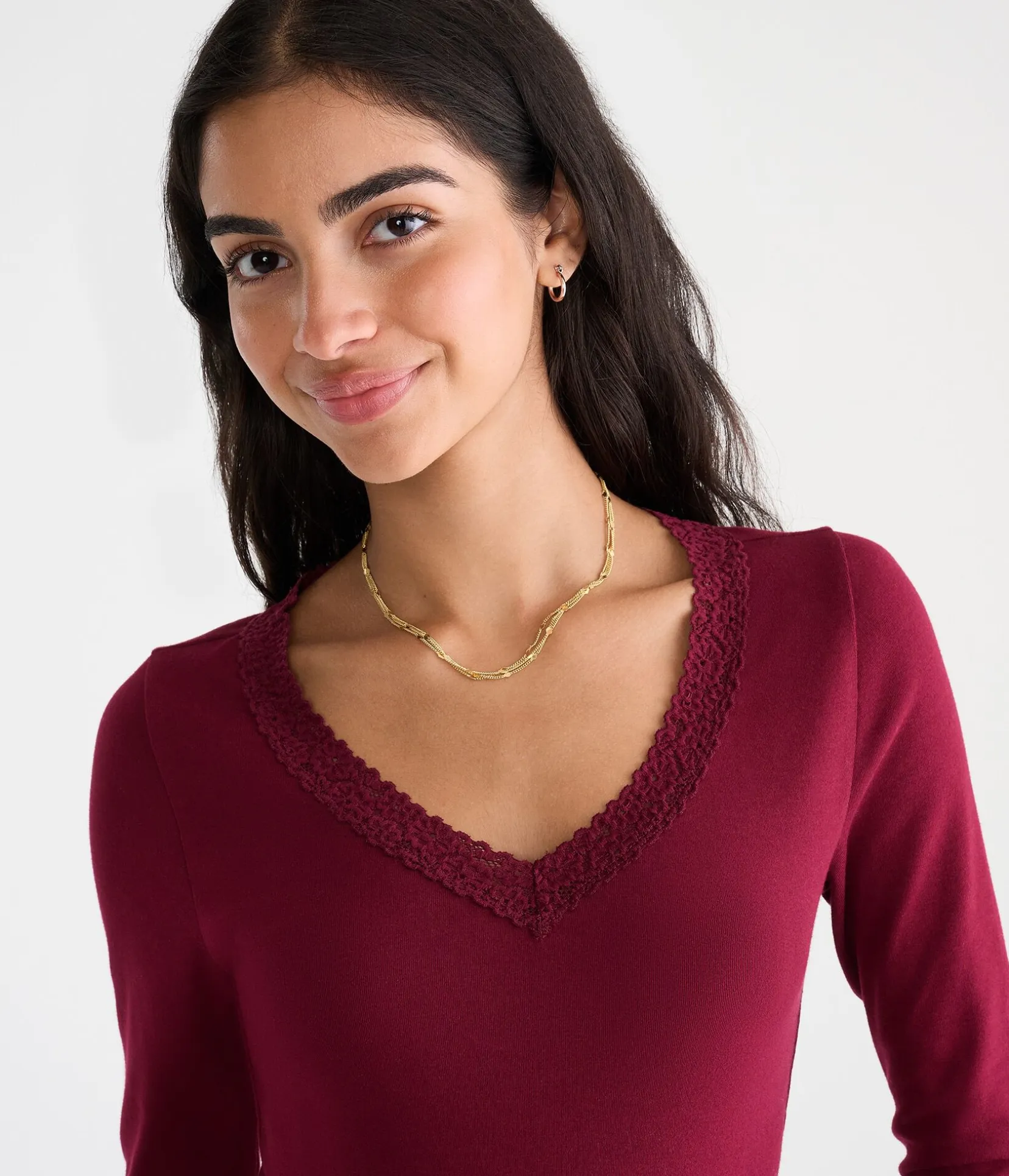 Long Sleeve Seriously Soft Lace-Trim V-Neck Tee