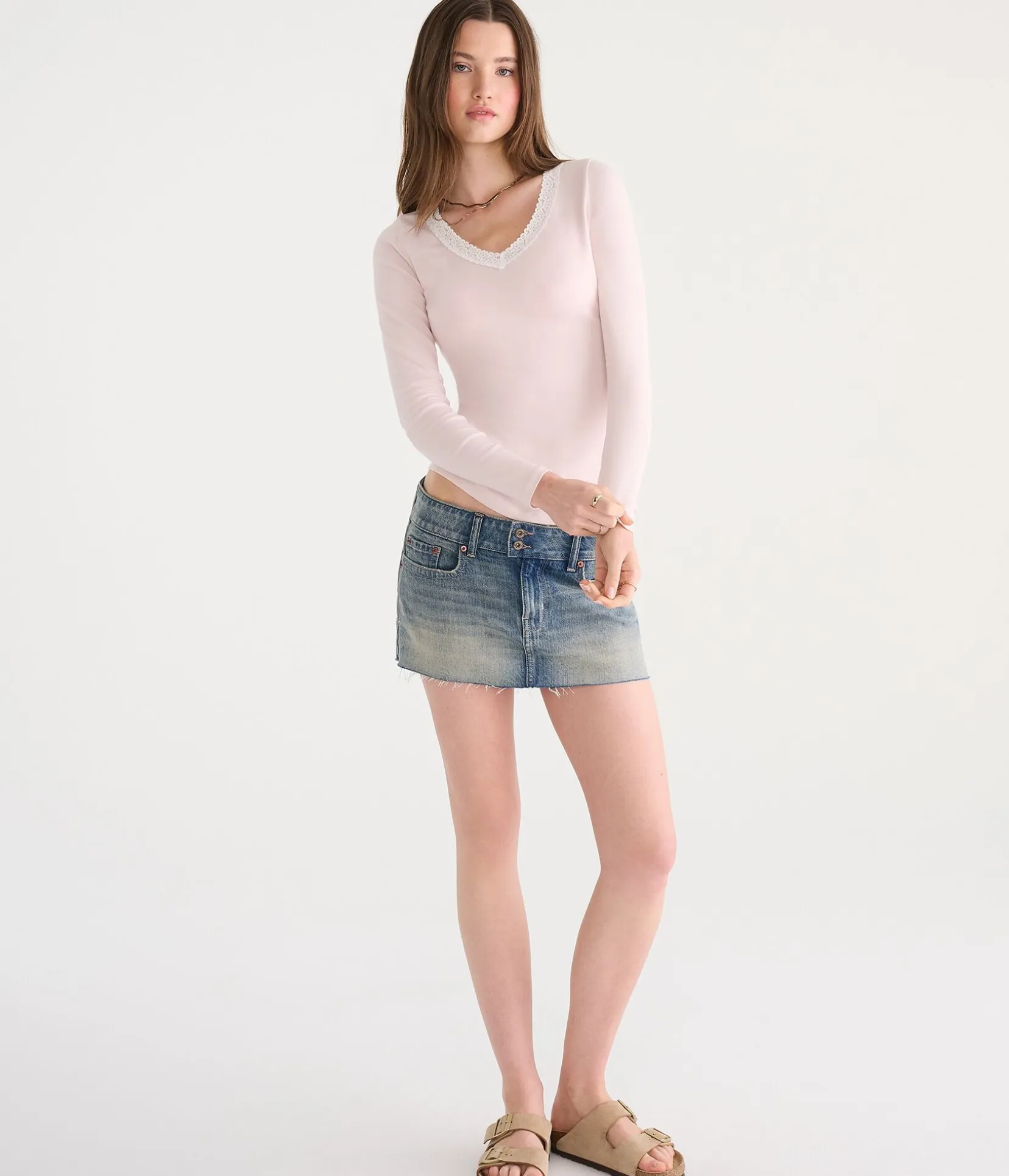 Long Sleeve Seriously Soft Lace-Trim V-Neck Tee
