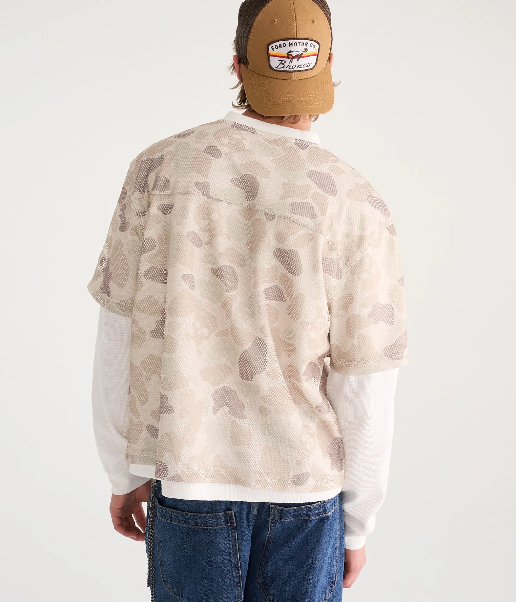 Long Sleeve Skull Camo Boxy Mesh Jersey 2Fer Tee