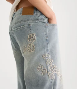 Low-Rise Baggy Wide Leg Embroidered Floral Jean