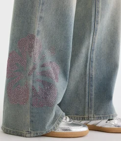 Low-Rise Baggy Wide Leg Rhinestone Flower Jean