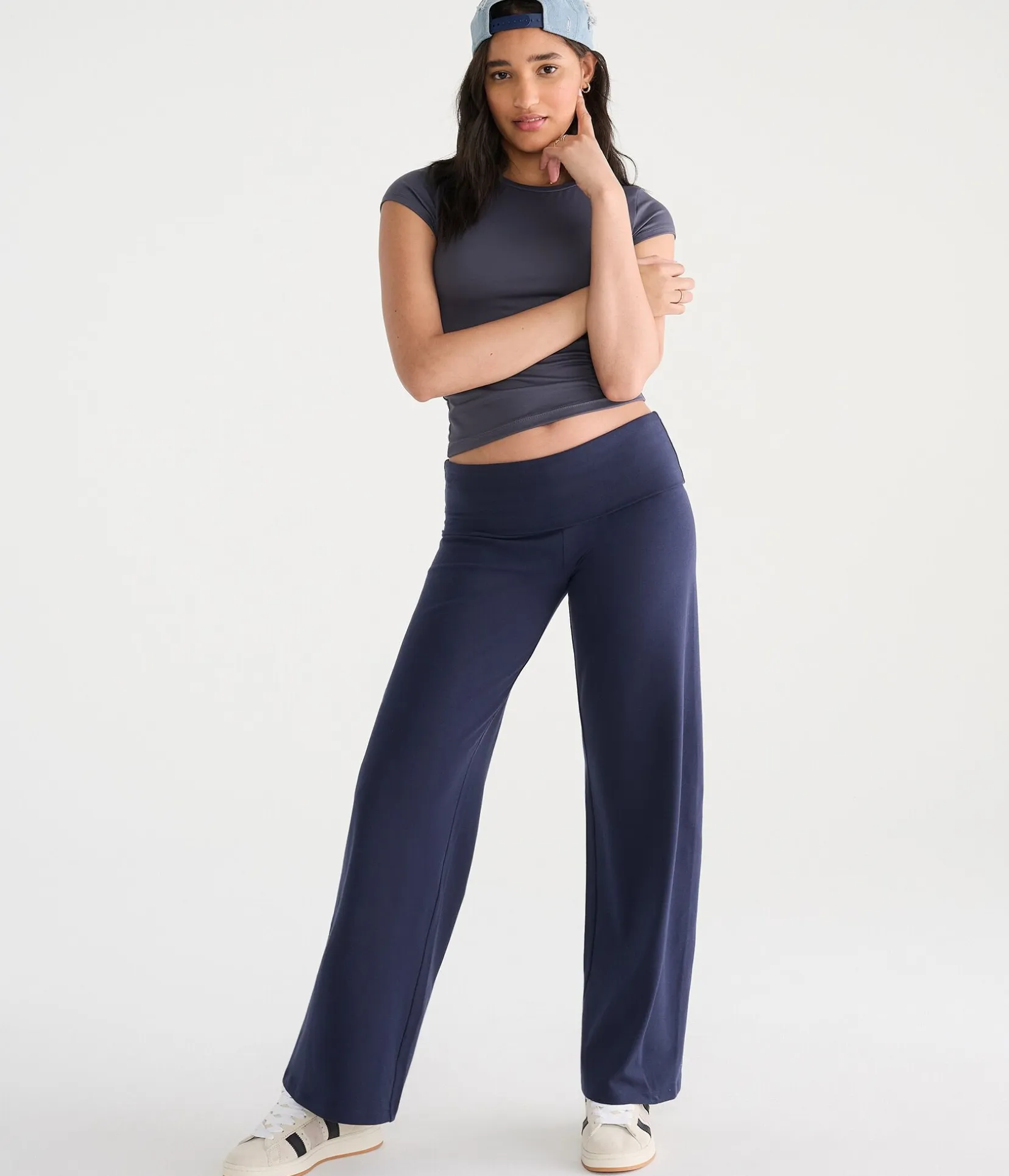 Low-Rise Fold-Over Wide Leg Pants