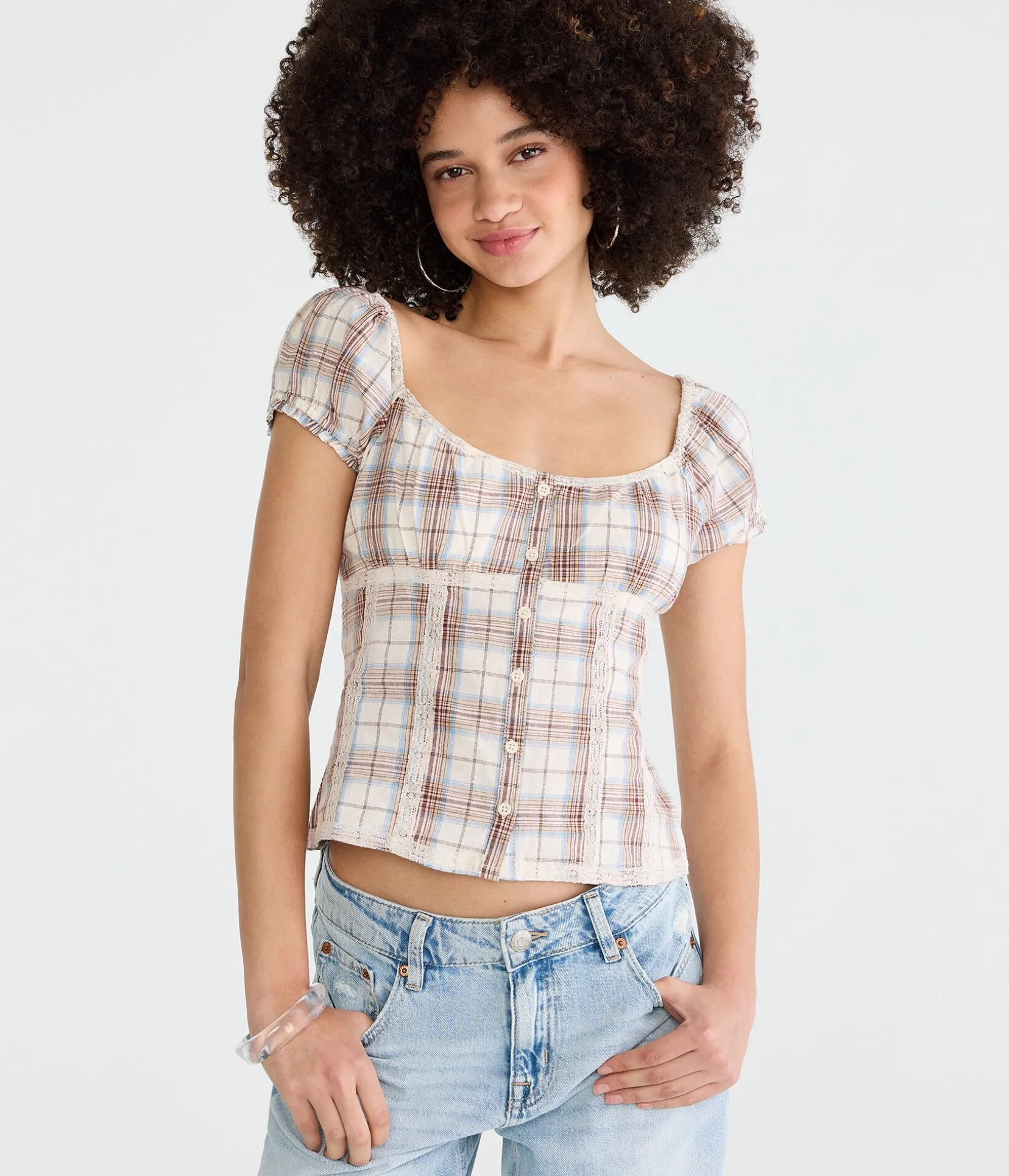 Plaid Button-Front Scoop-Neck Blouse