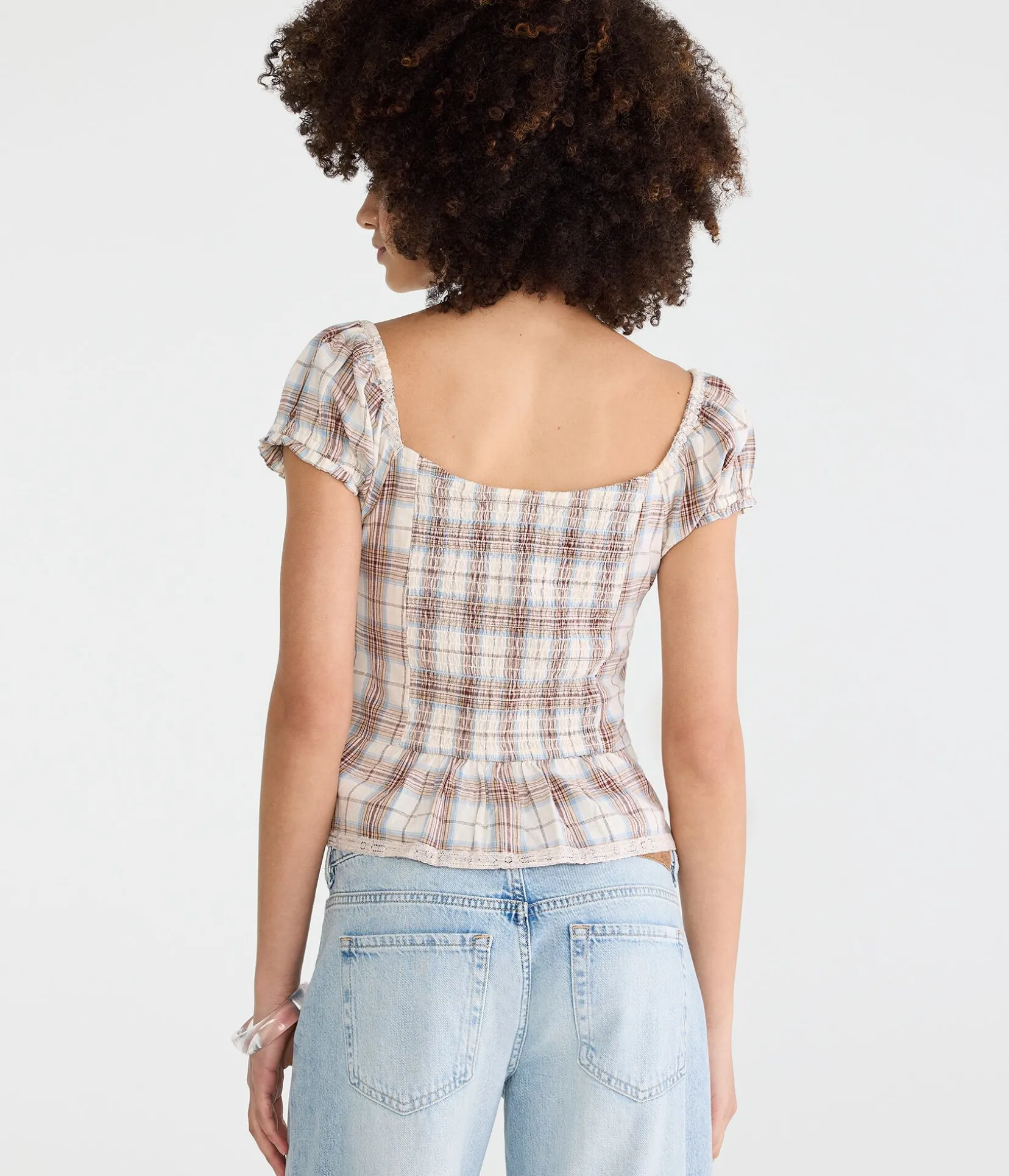 Plaid Button-Front Scoop-Neck Blouse