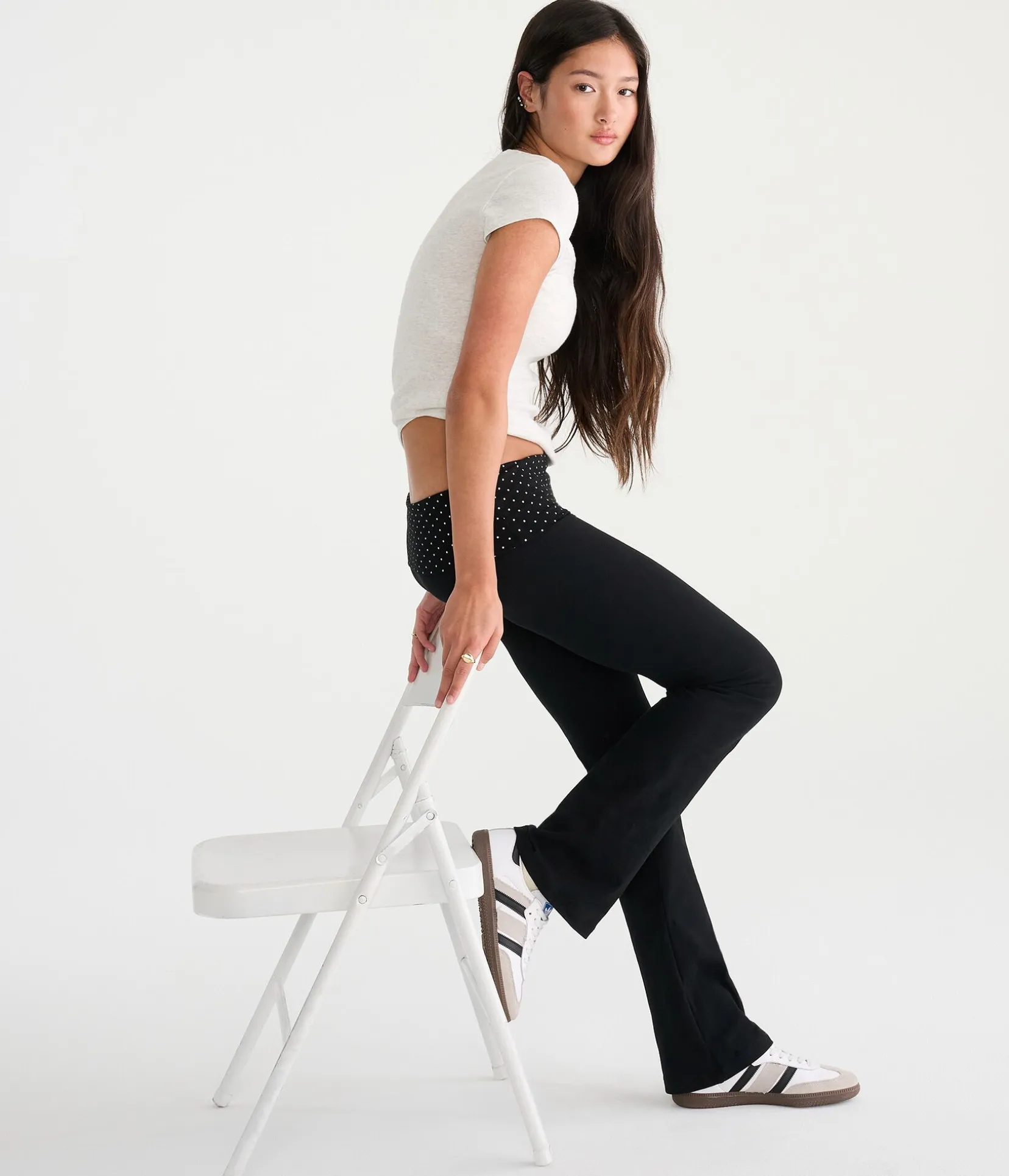 Polka Dot Mid-Rise Fold-Over Bootcut Pants