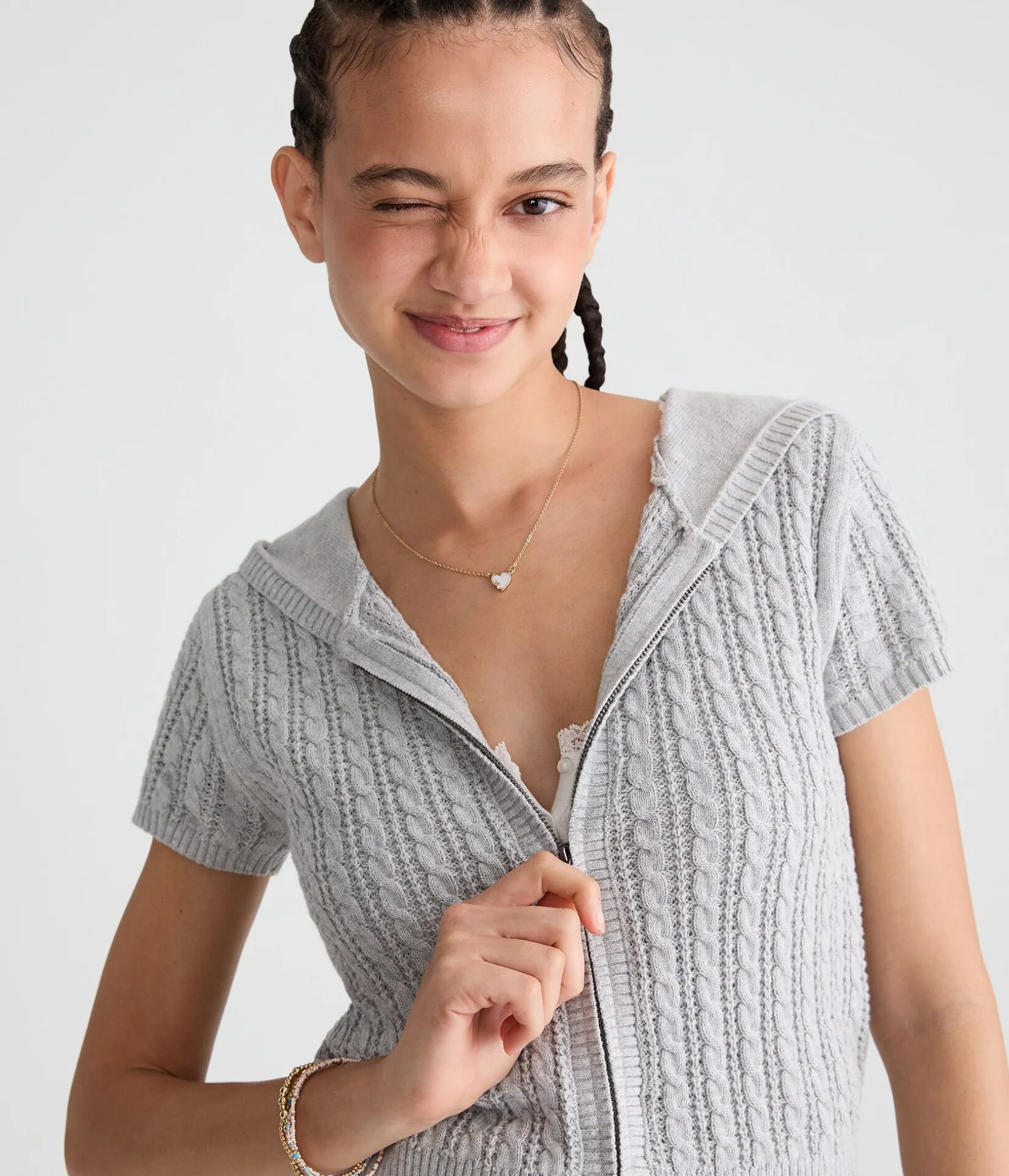 Short Sleeve Full-Zip Sweater Hoodie