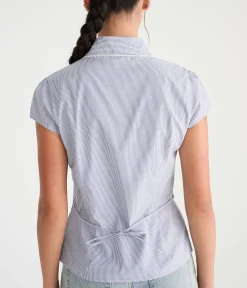 Short Sleeve Striped Peter Pan Tie-Back Blouse