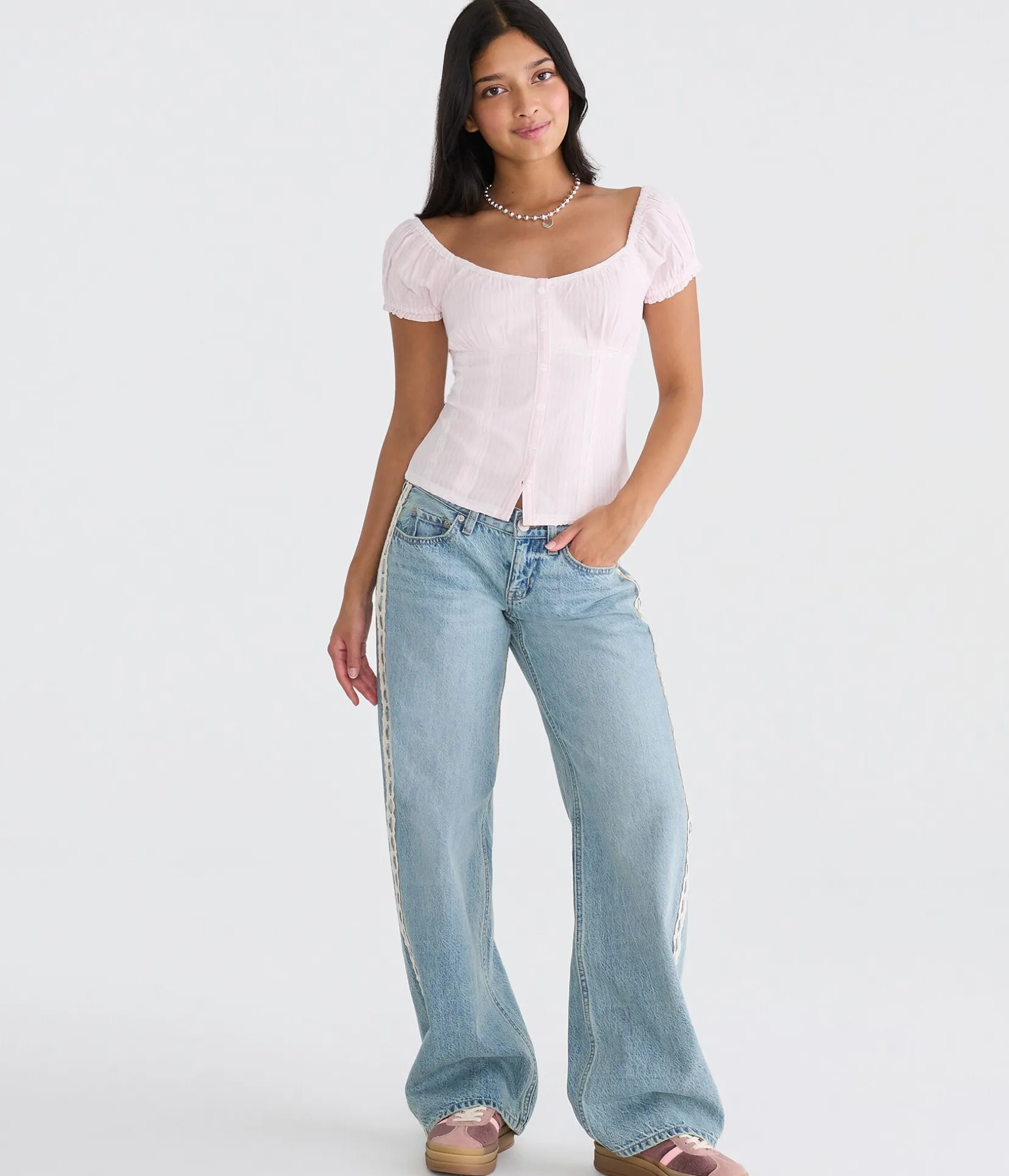 Striped Button-Front Scoop-Neck Blouse