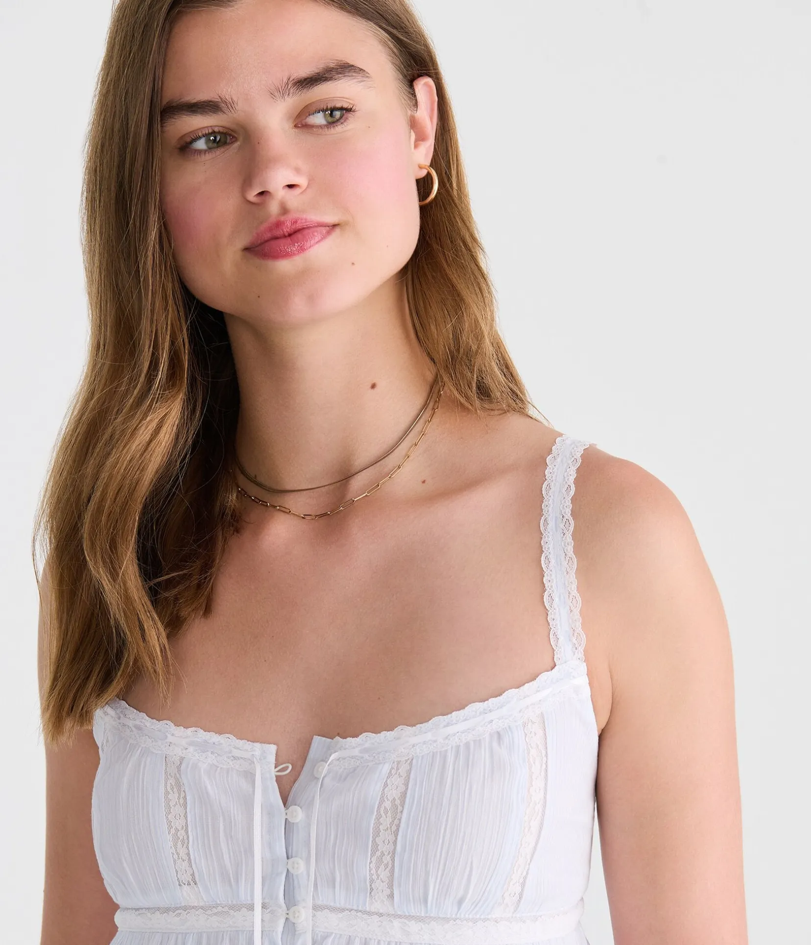 Striped Lace Button-Front Square-Neck Cami