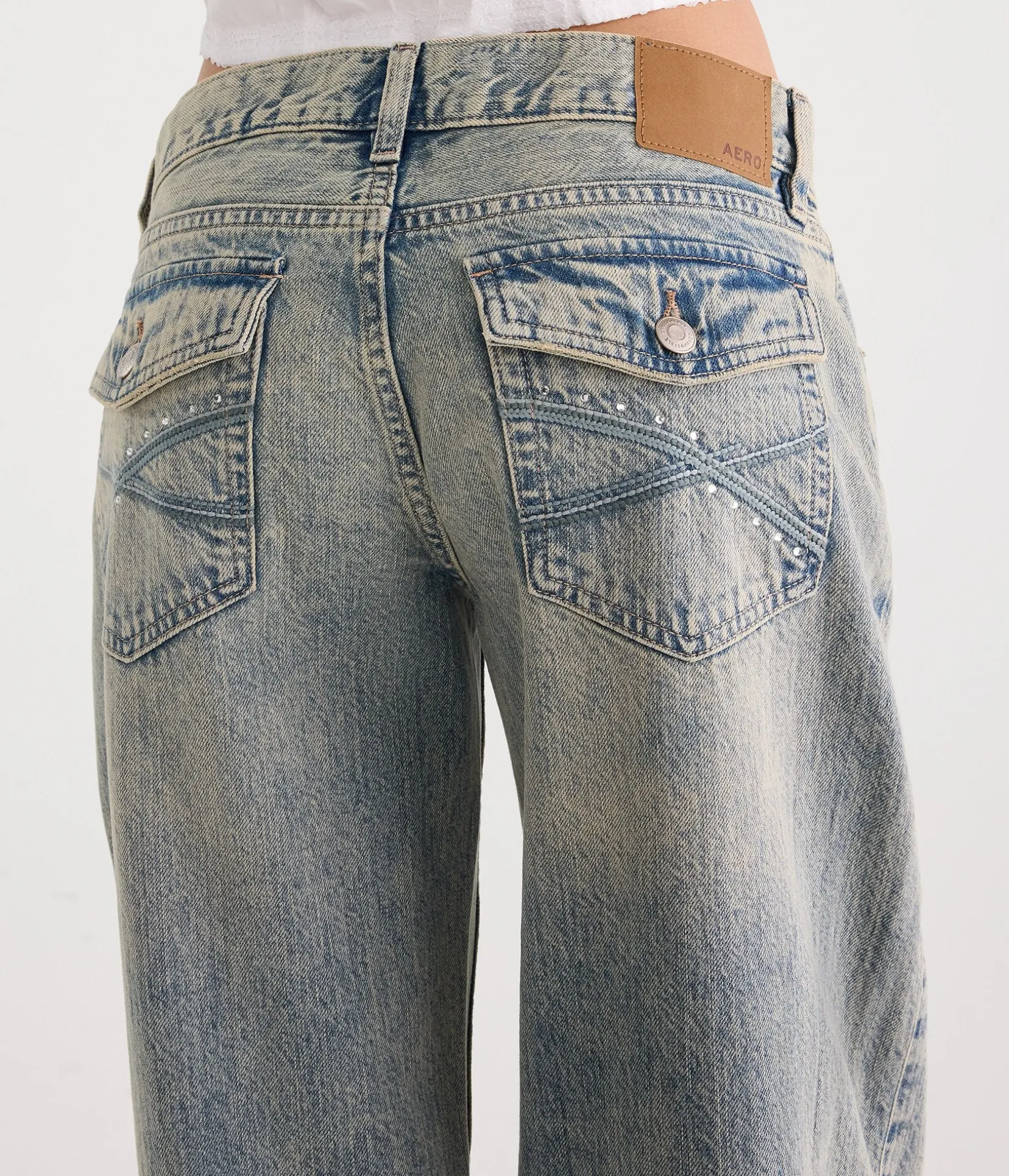 Super Low-Rise Baggy Wide Leg Rhinestone Jean
