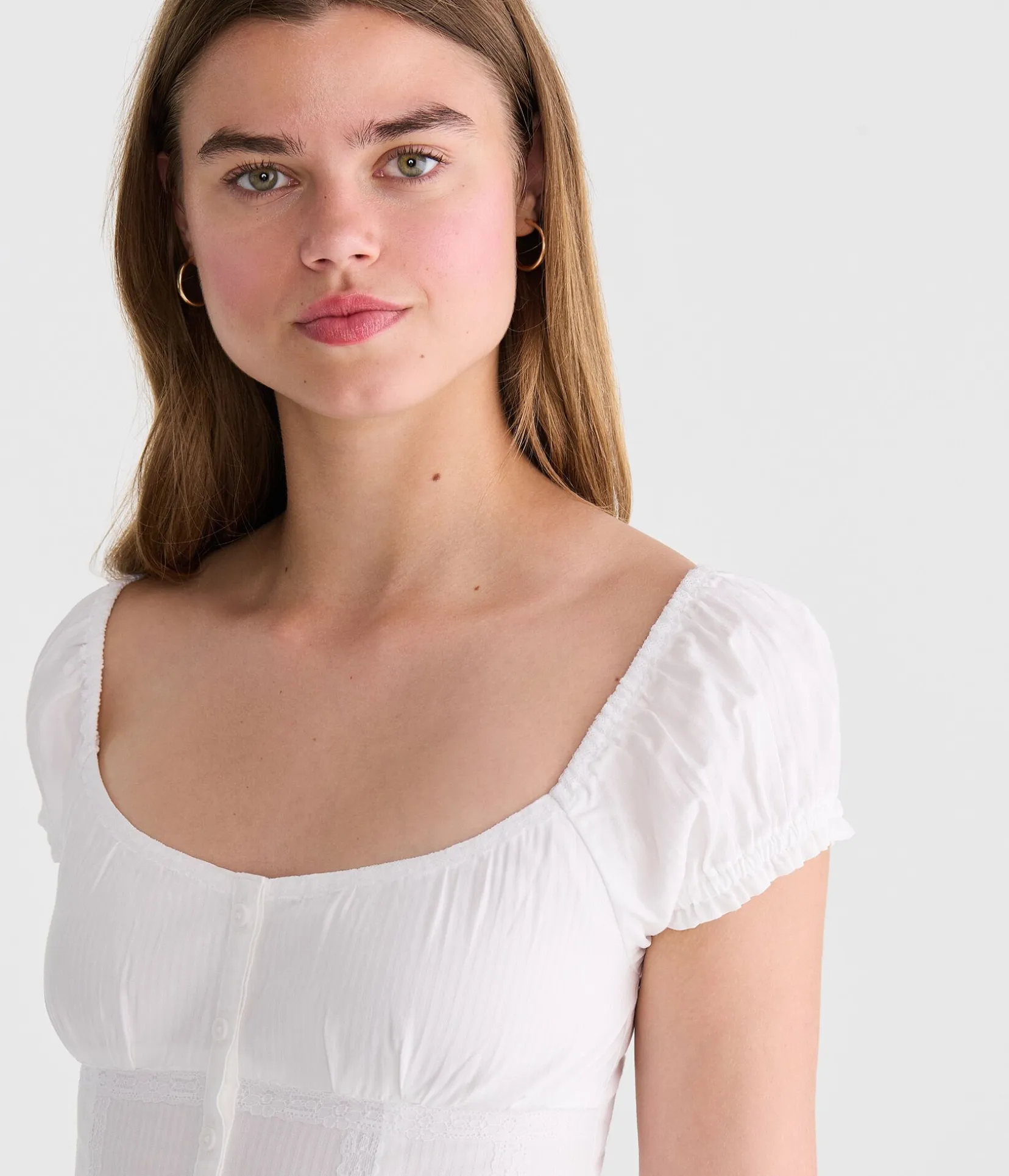 Tonal Stripe Button-Front Scoop-Neck Blouse