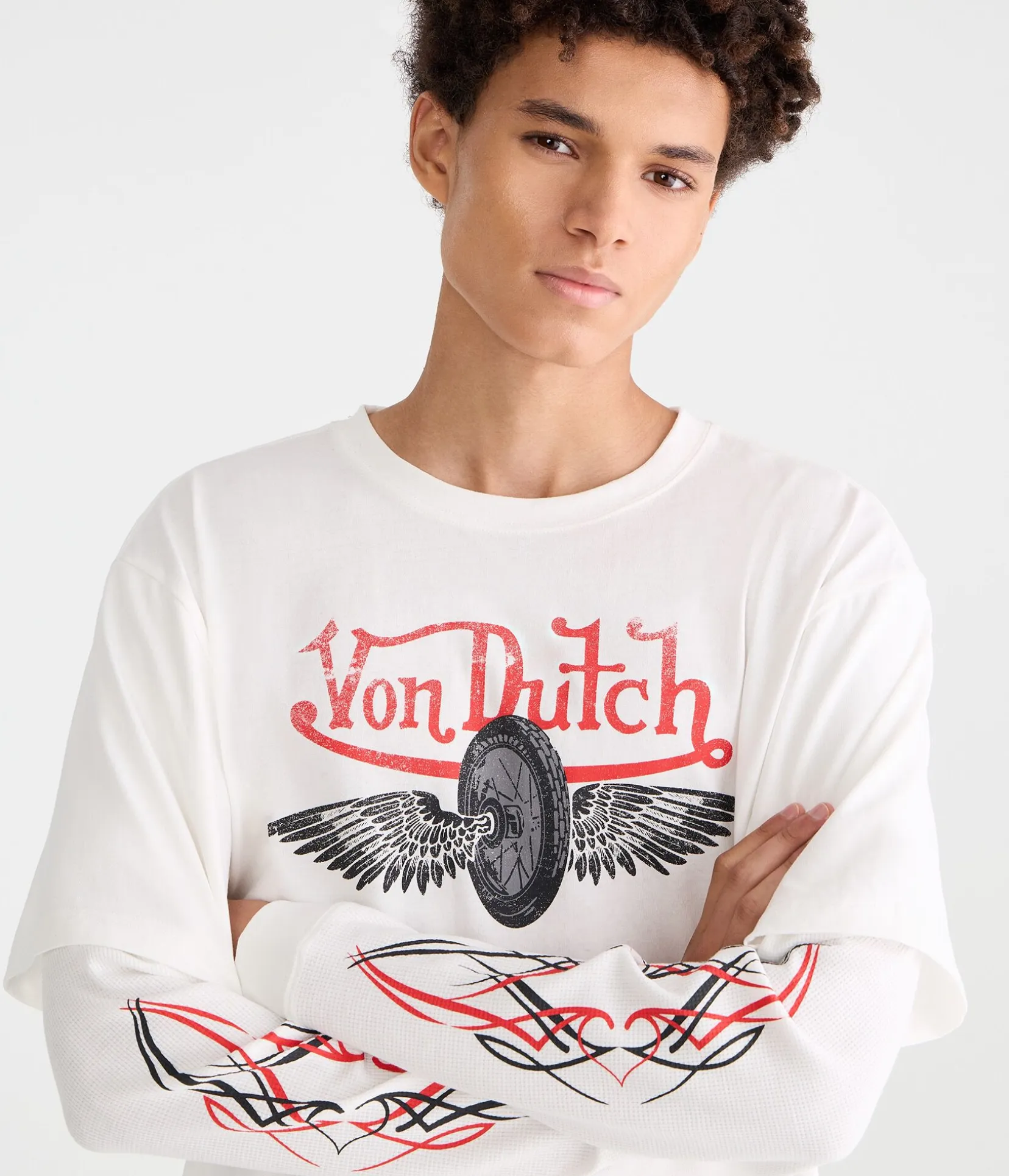 Von Dutch Long Sleeve Winged Wheel Boxy 2Fer Tee
