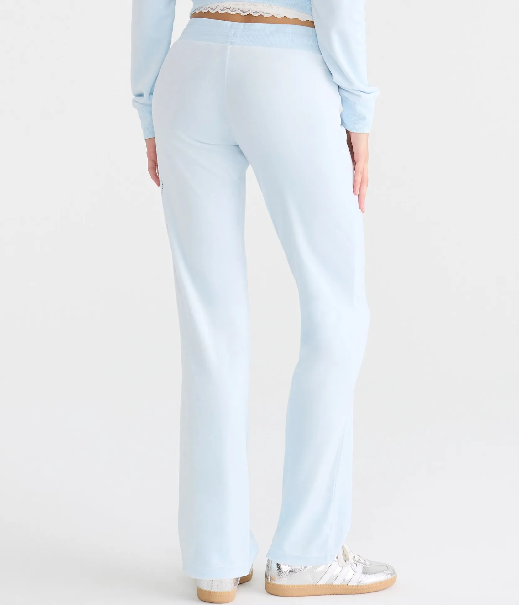 Von Dutch Rhinestone Logo Low-Rise Velour Flare Leg Pants