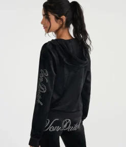 Von Dutch Rhinestone Logo Velour Full-Zip Hoodie