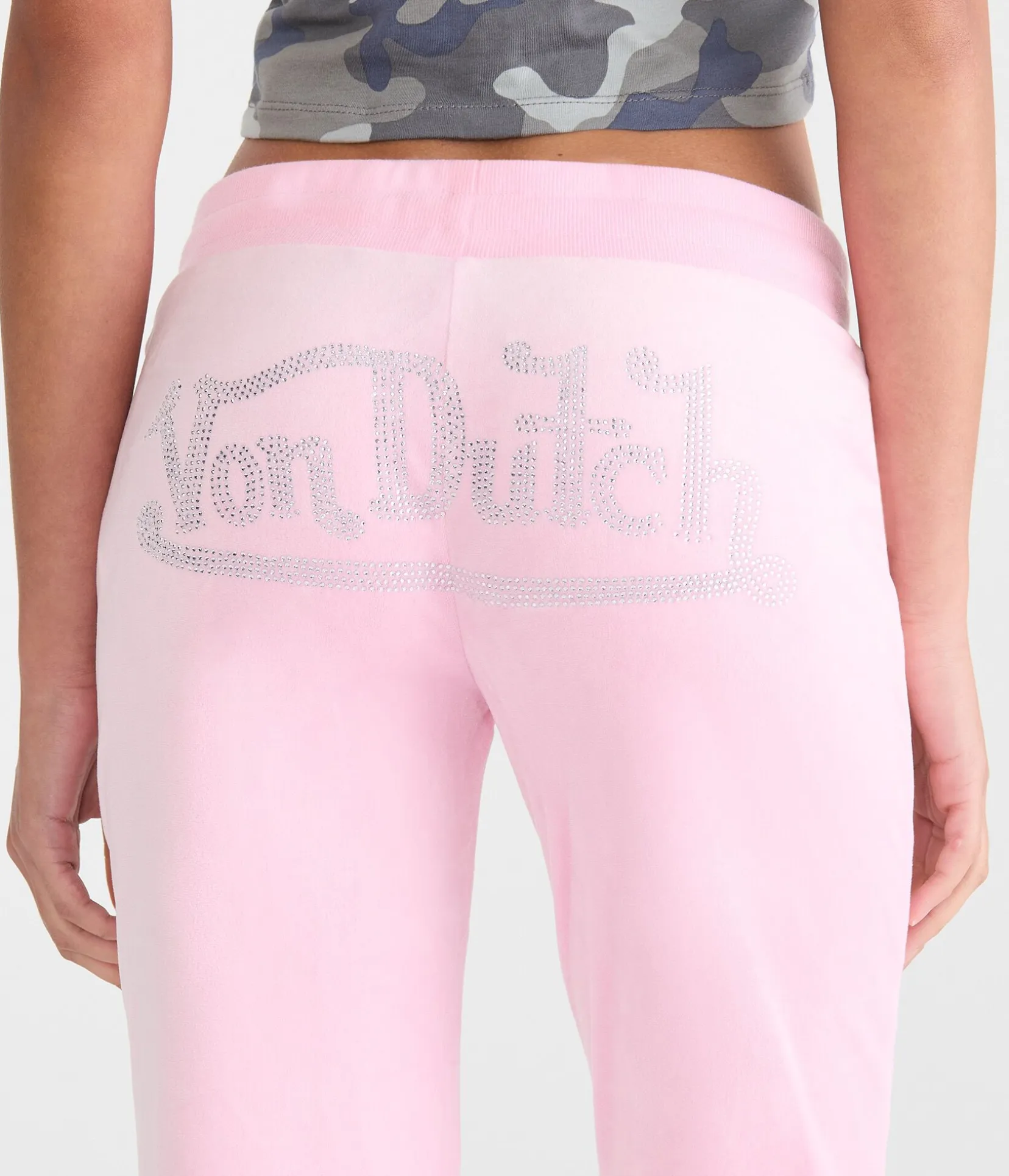 Von Dutch Rhinestone Low-Rise Velour Flare Leg Pants